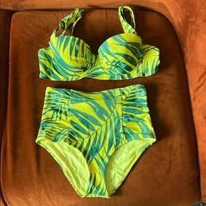 High Waisted Tropical Leaf Print Bikini Set